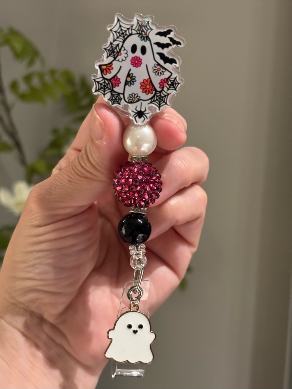 Handmade Floral Ghost Halloween Beaded Badge Reel with Ghost Charm